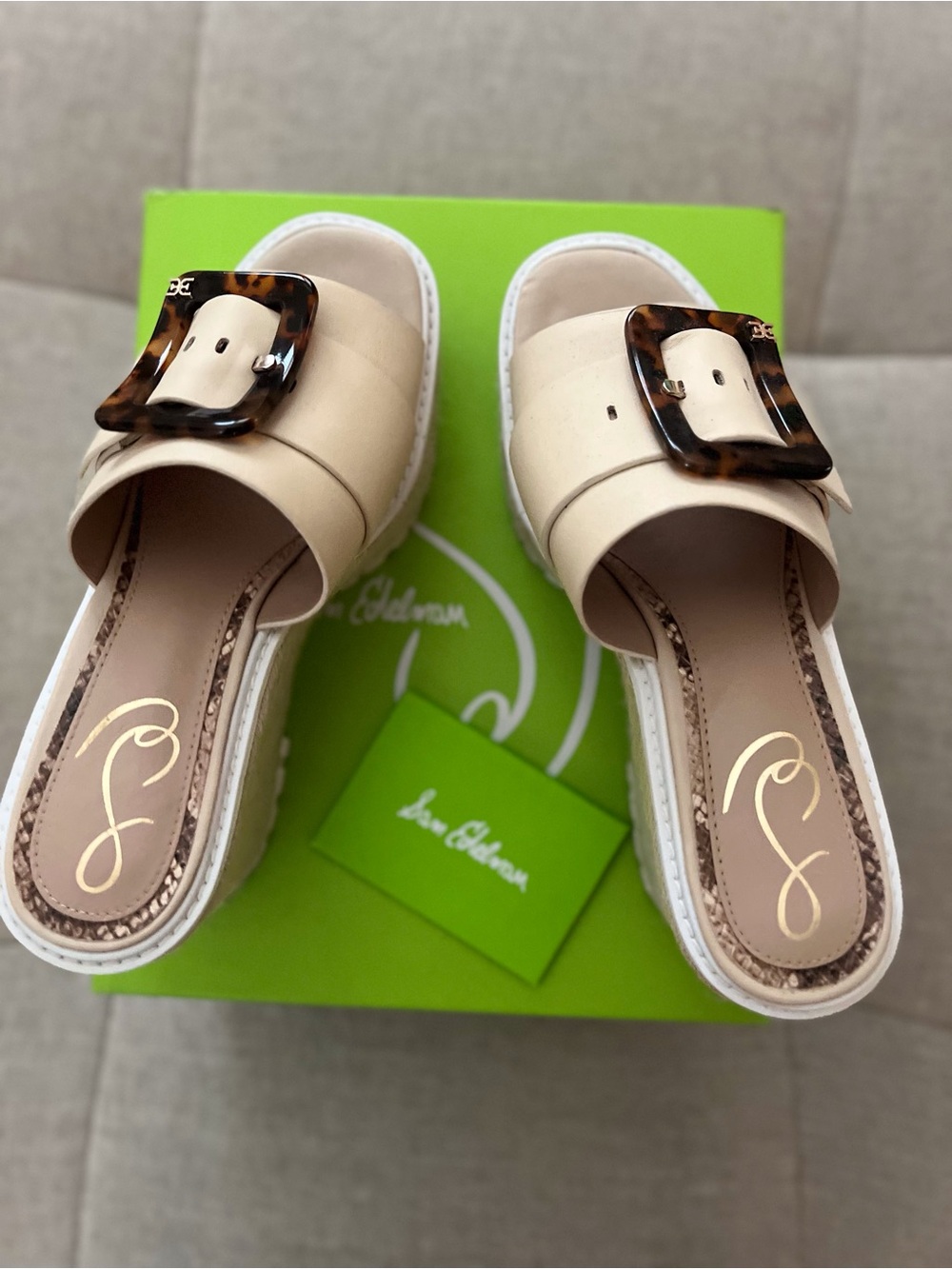 Sam Edelman Neutral Beige Slide Mules with Tortoiseshell Buckle